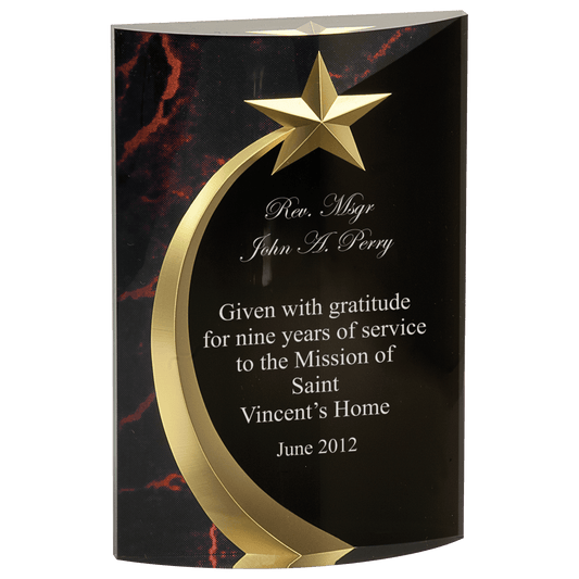 Red Marble Rounded Shooting Star Acrylic award, 6 3/4", self-standing acrylic with clear engraving area
