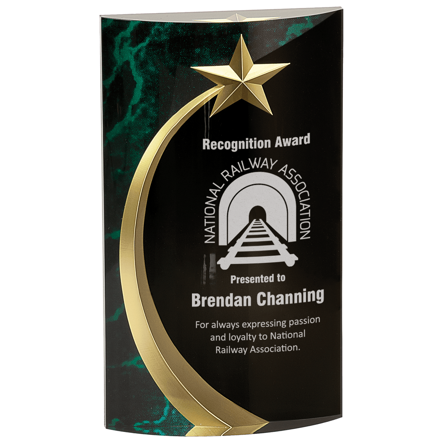 Green Marble Rounded Shooting Star Acrylic award, 7 3/4", self-standing acrylic with clear engraving area