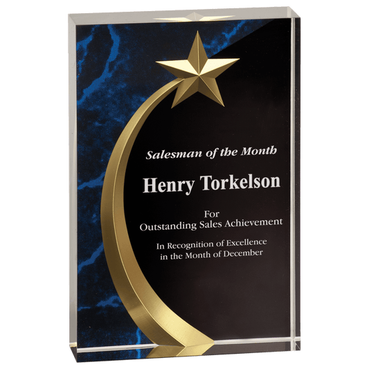 Blue Marble Square Shooting Star Acrylic award, 6 3/4", self-standing acrylic with clear engraving area