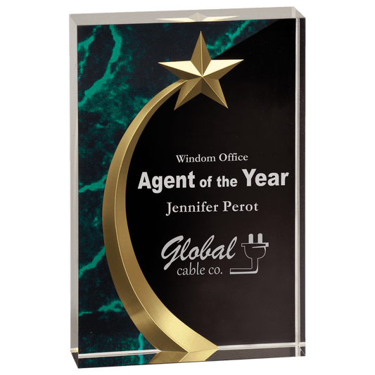 Green Marble Square Shooting Star Acrylic award, 6 3/4", self-standing acrylic with clear engraving area