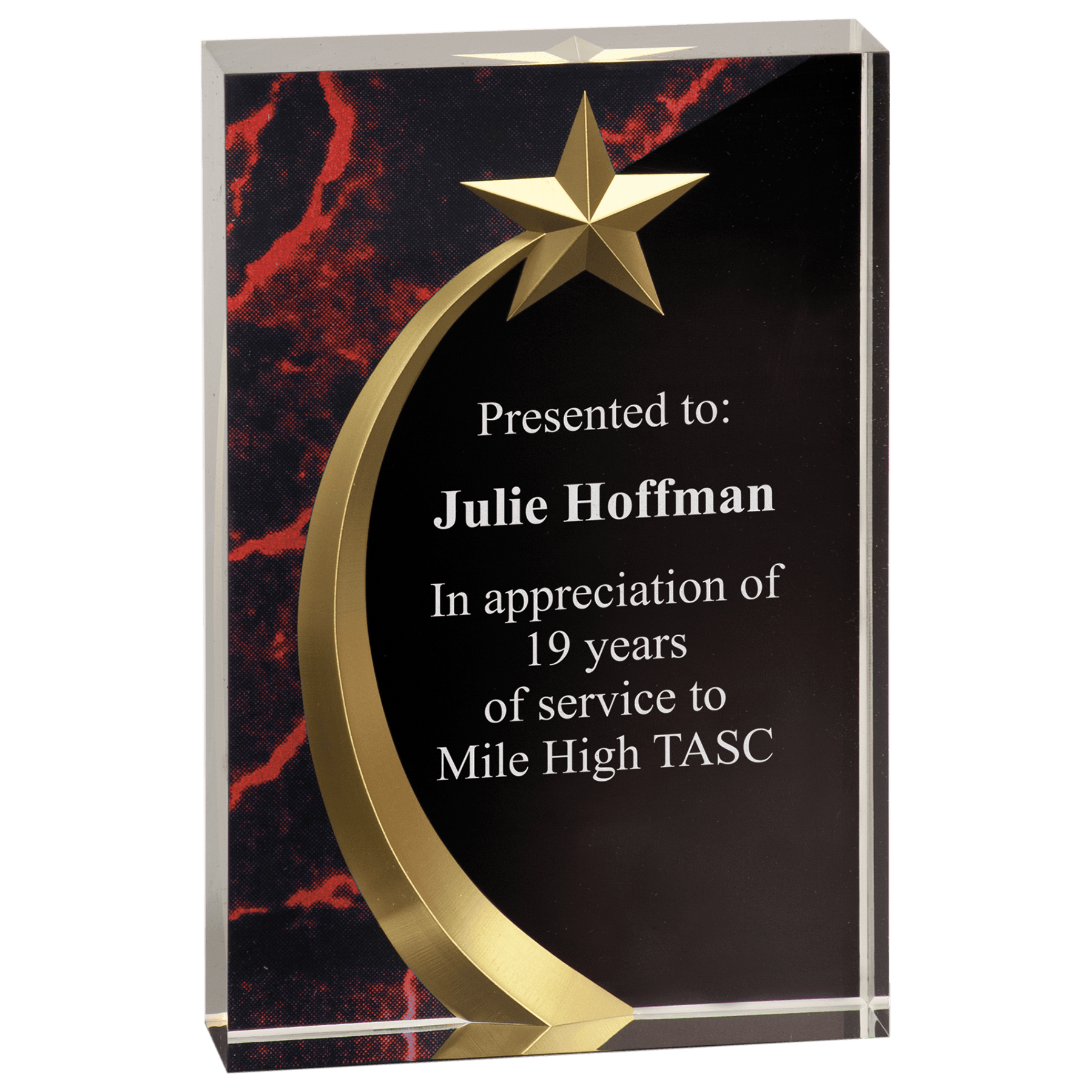Red Marble Square Shooting Star Acrylic award, 6 3/4", self-standing acrylic with clear engraving area