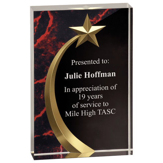 Red Marble Square Shooting Star Acrylic award, 6 3/4", self-standing acrylic with clear engraving area