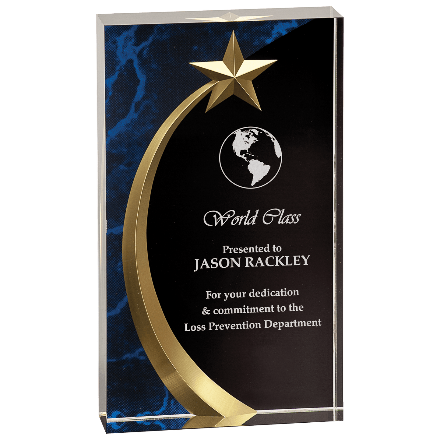 Blue Marble Square Shooting Star Acrylic award, 7 3/4", self-standing acrylic with clear engraving area