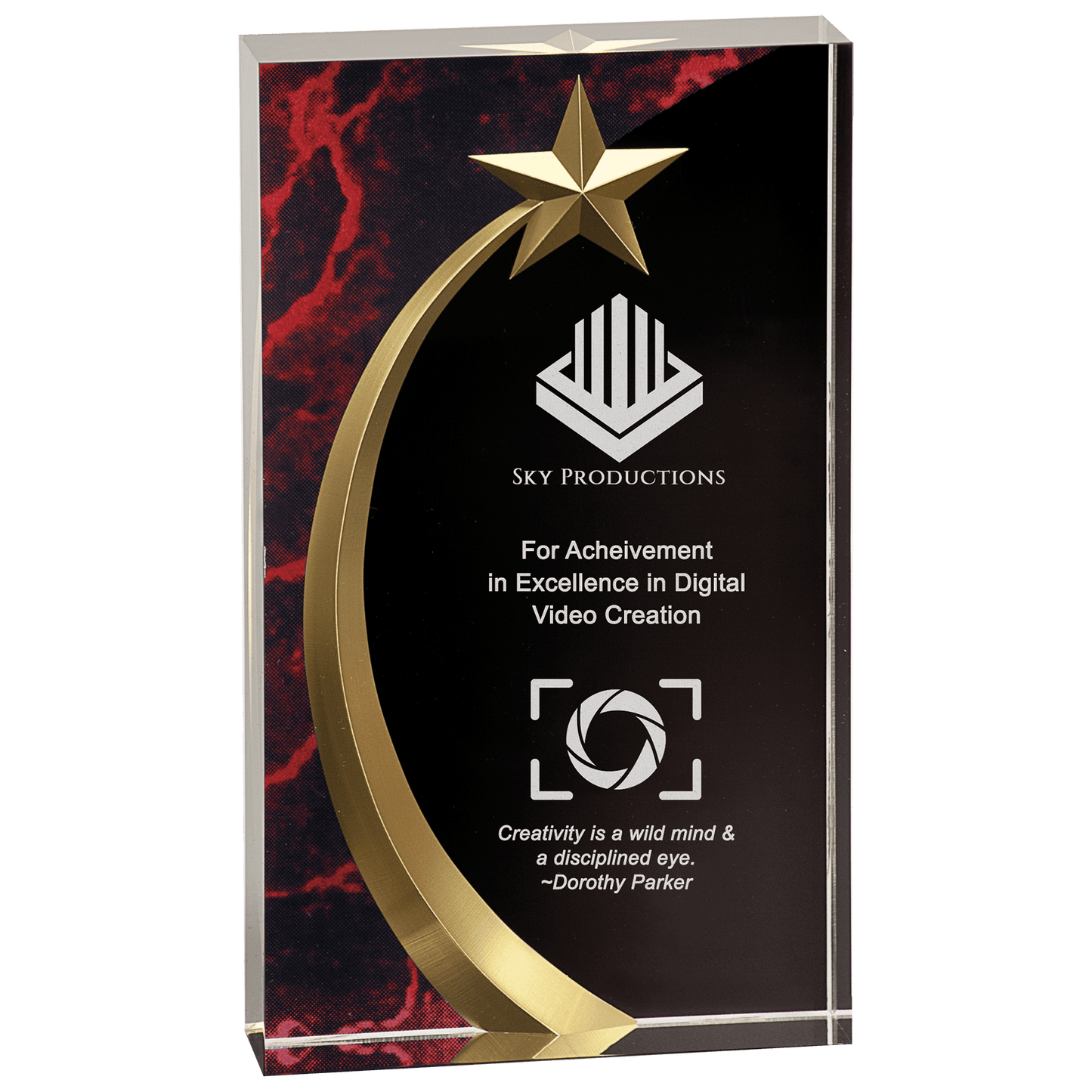 Red Marble Square Shooting Star Acrylic award, 7 3/4", self-standing acrylic with clear engraving area