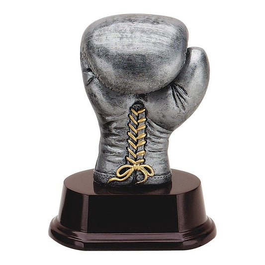 Silver boxing glove trophy with gold laces on a black base, 5 inch