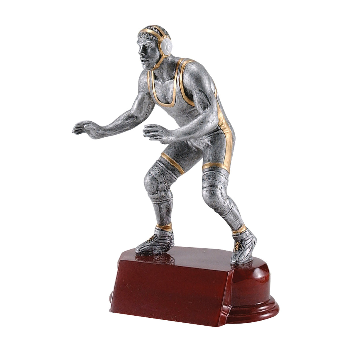 6 3/4 inch silver wrestling trophy with a wrestler in a low crouch on a rosewood-finish base