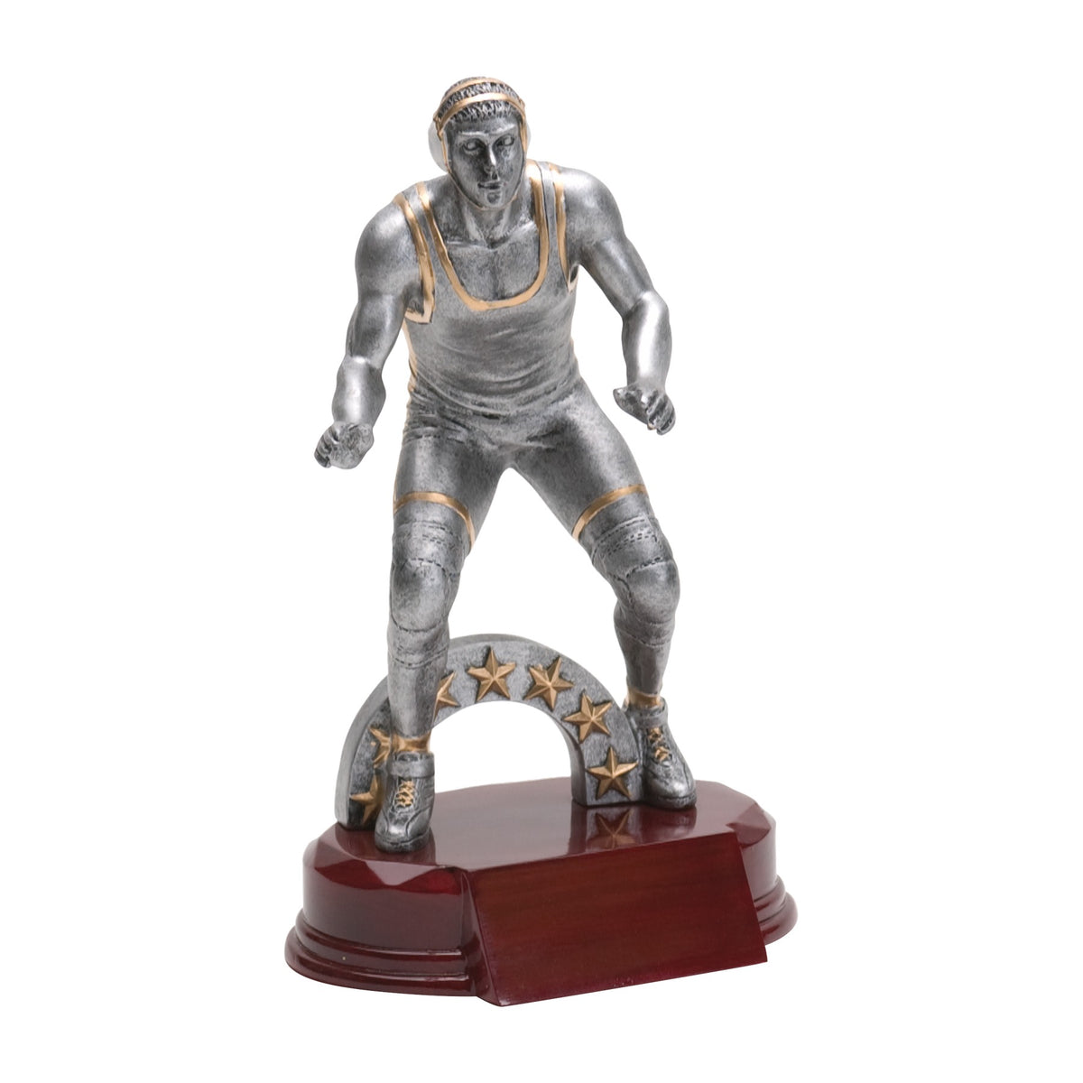 7 3/4 inch silver wrestling trophy with a wrestler in stance under a gold star arch on a rosewood-finish base