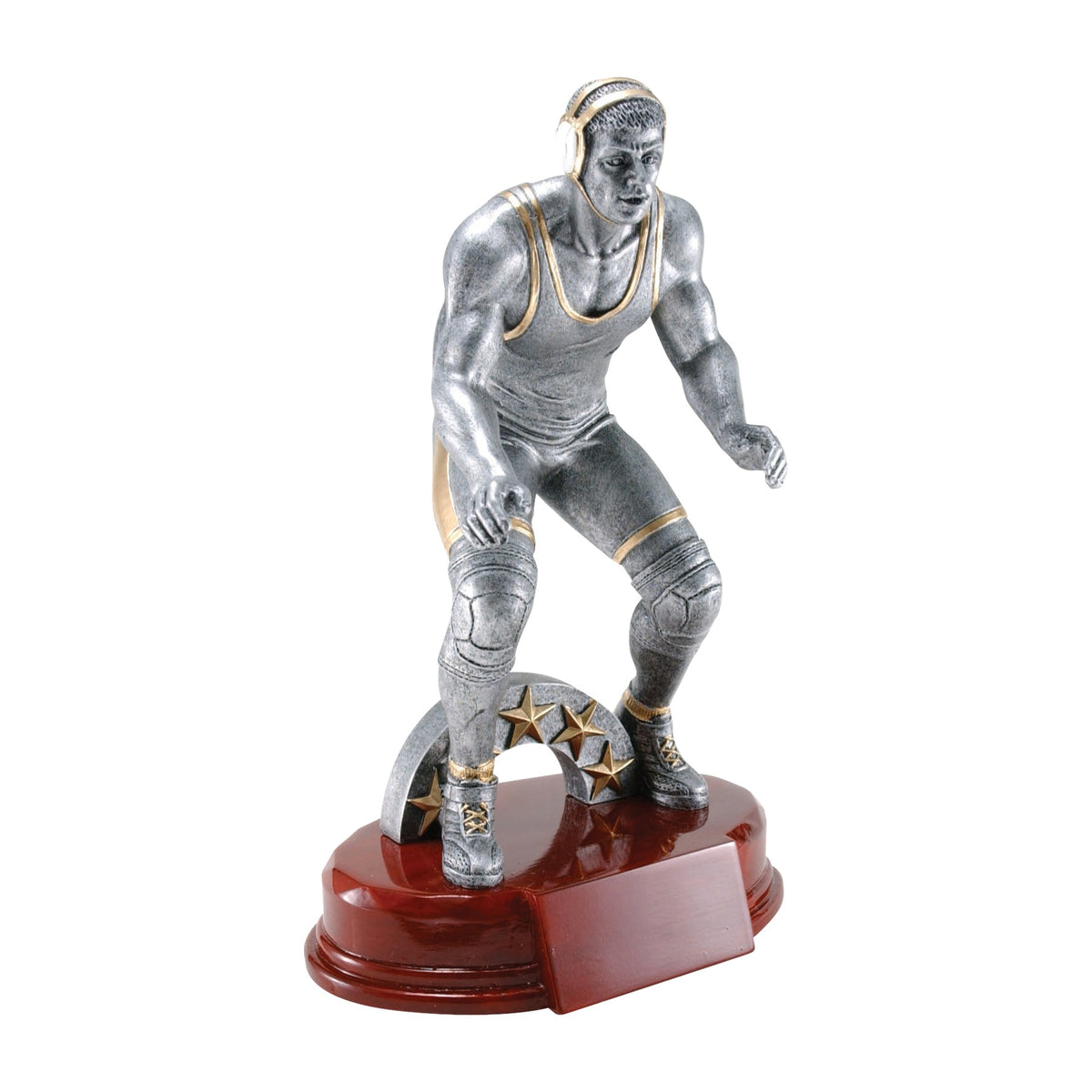 9 1/4 inch silver wrestling trophy with a wrestler ready to shoot, gold stars and a rosewood-finish base