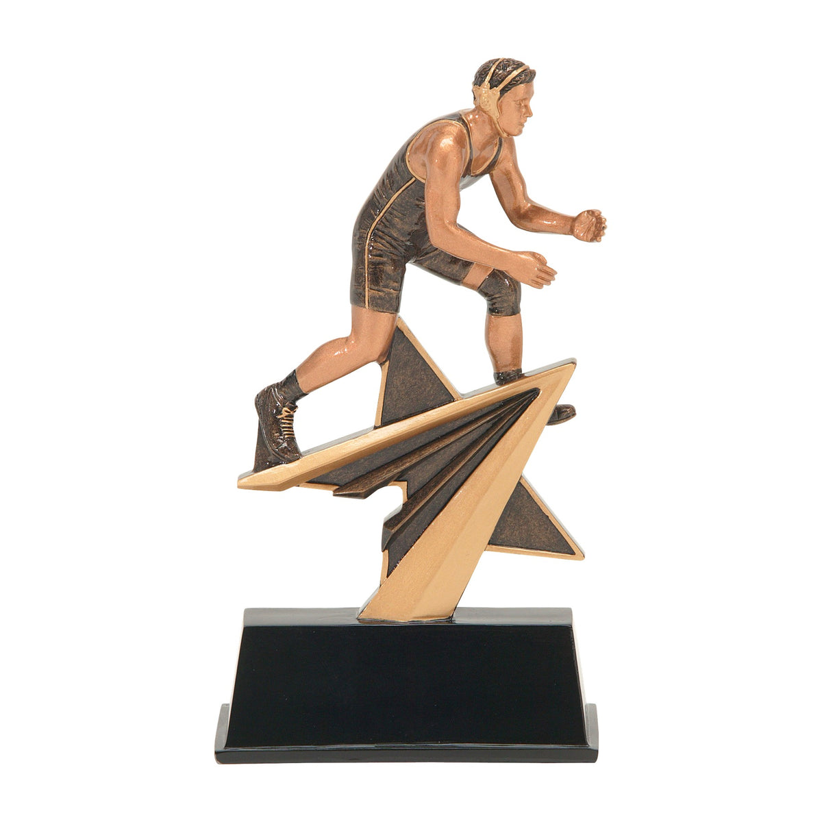 Star Power wrestling trophy with a bronze wrestler on a gold shooting star over a black base