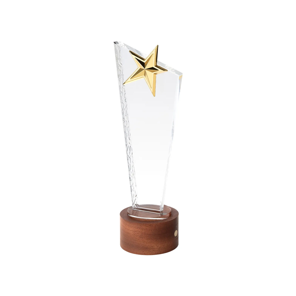 Star-topped crystal award on a black walnut base, front view
