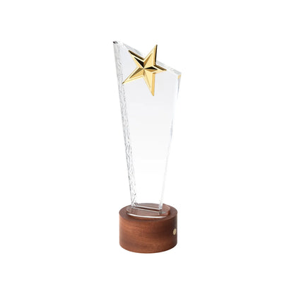 Star-topped crystal award on a black walnut base, front view