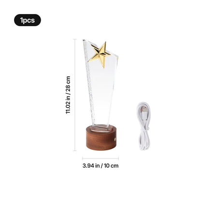 Crystal star award with black walnut base, angled view