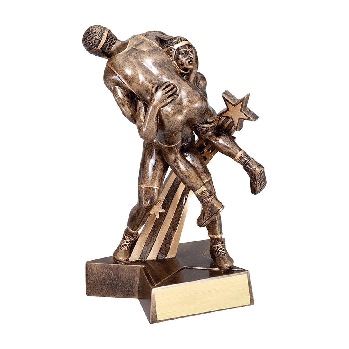 Large SuperStar wrestling trophy with a wrestler lifting his opponent beside a rising star, bronze finish with engraving plate