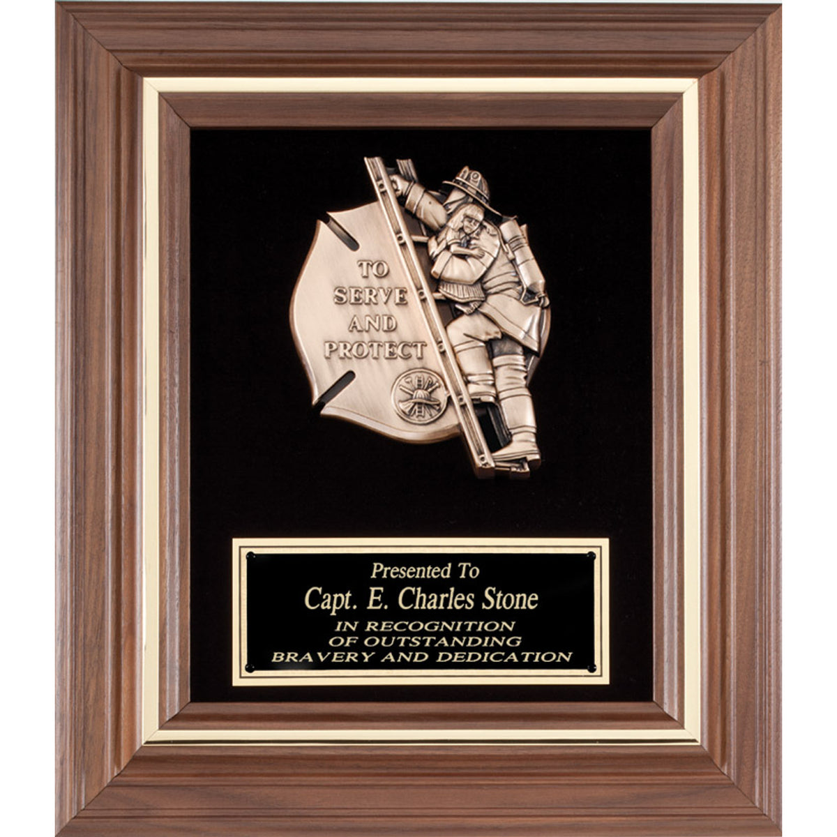Walnut framed plaque with bronze To Serve and Protect firefighter casting on black velour