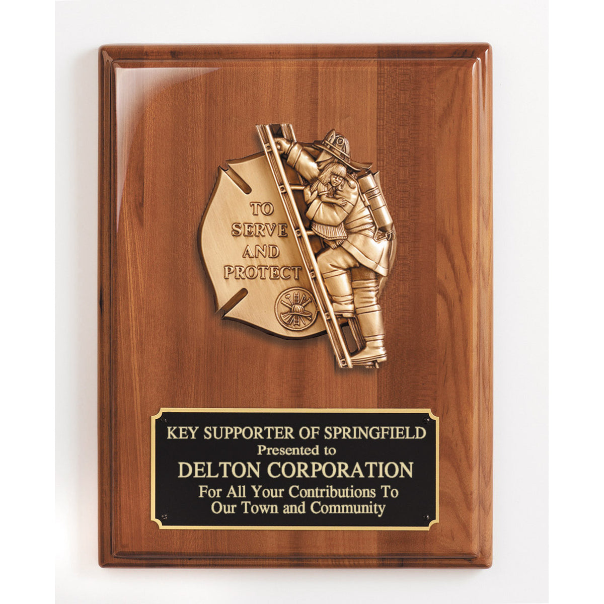 Genuine walnut plaque with bronze To Serve and Protect firefighter casting and black plate