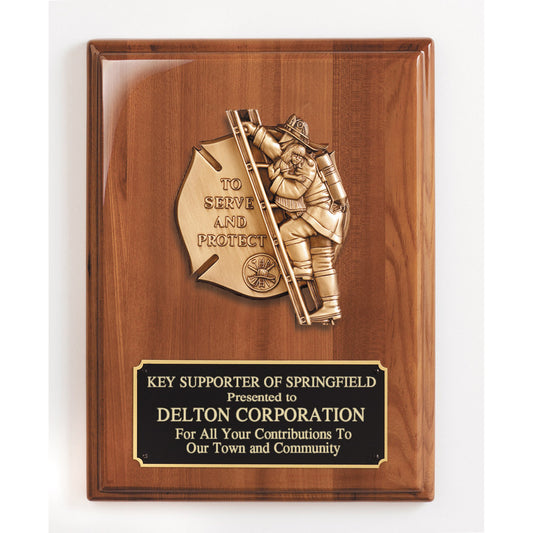 Genuine walnut plaque with bronze To Serve and Protect firefighter casting and black plate
