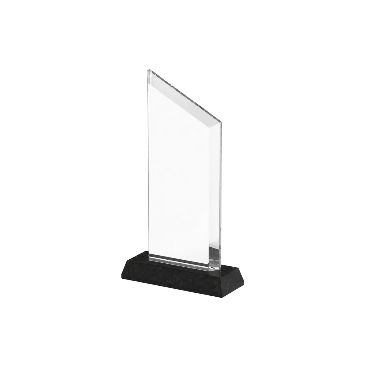 Clear trapezoid crystal award on a polished marble base, front view