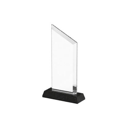 Clear trapezoid crystal award on a polished marble base, front view