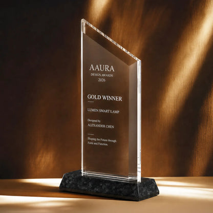 Personalized trapezoid crystal award engraved with a logo and award text on a marble base