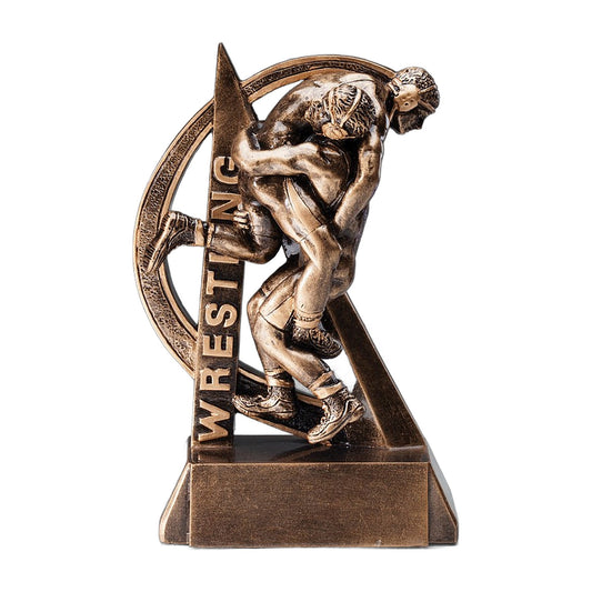 Ultra Action wrestling trophy in antique bronze with two wrestlers in a takedown in front of a ring with WRESTLING lettering