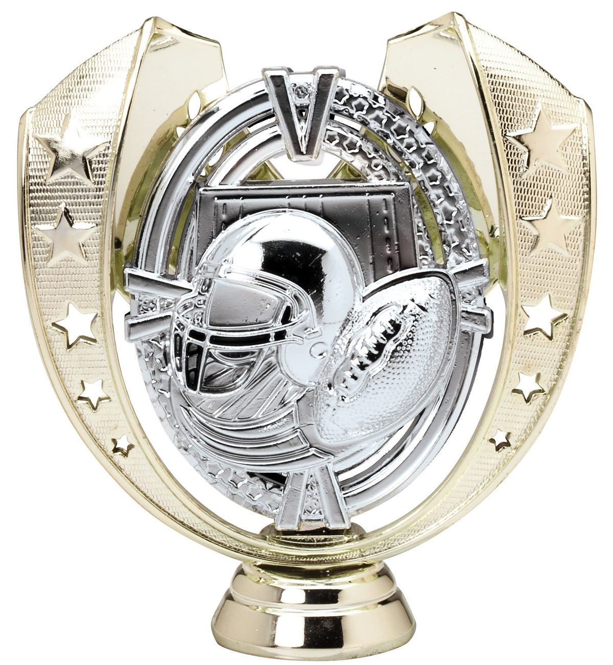 Champion Series Football Trophy - Star Wreath, silver helmet and footballs in a gold star wreath