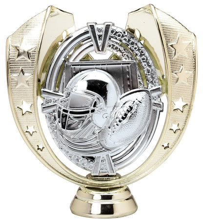 Champion Series Football Trophy - Star Wreath, silver helmet and footballs in a gold star wreath