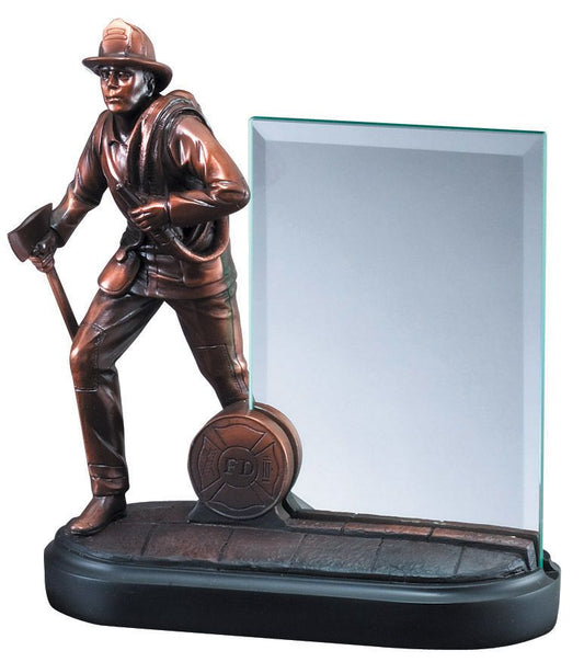 Firefighter figure award with engraved glass panel