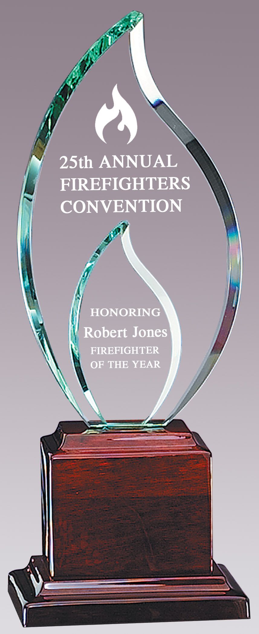 Double glass flame award on a stand