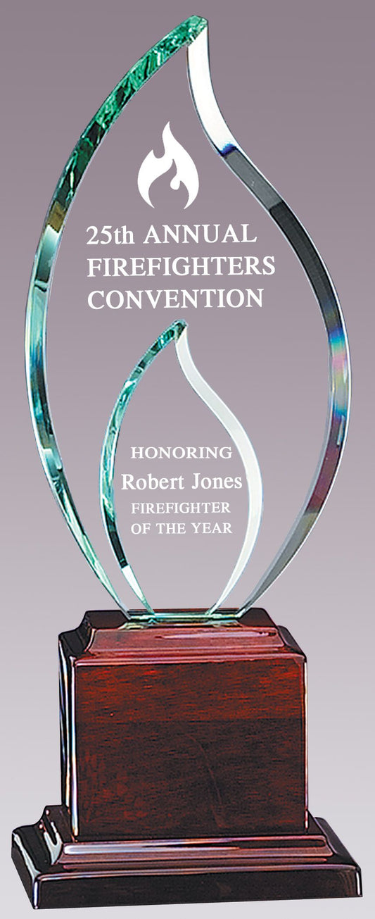Double glass flame award on a stand