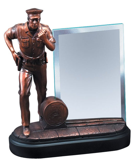 Police officer figure award with engraved glass panel