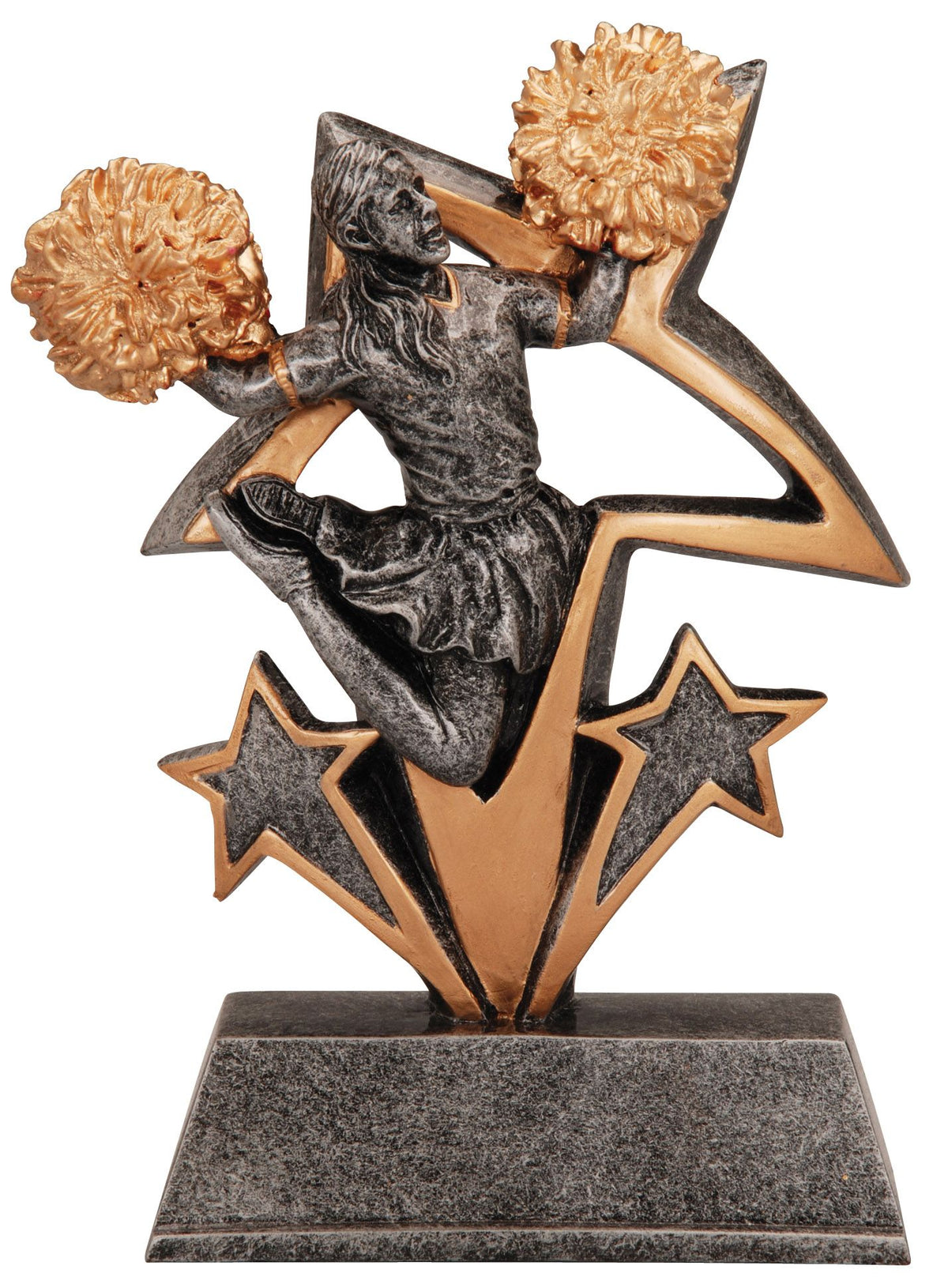 Cheer Star Burst Resin Trophy, cheerleader leaping through copper stars, 6 inch