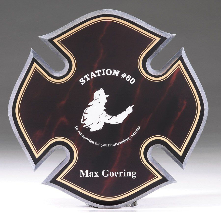Red acrylic Maltese cross fire department award