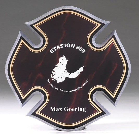 Red acrylic Maltese cross fire department award