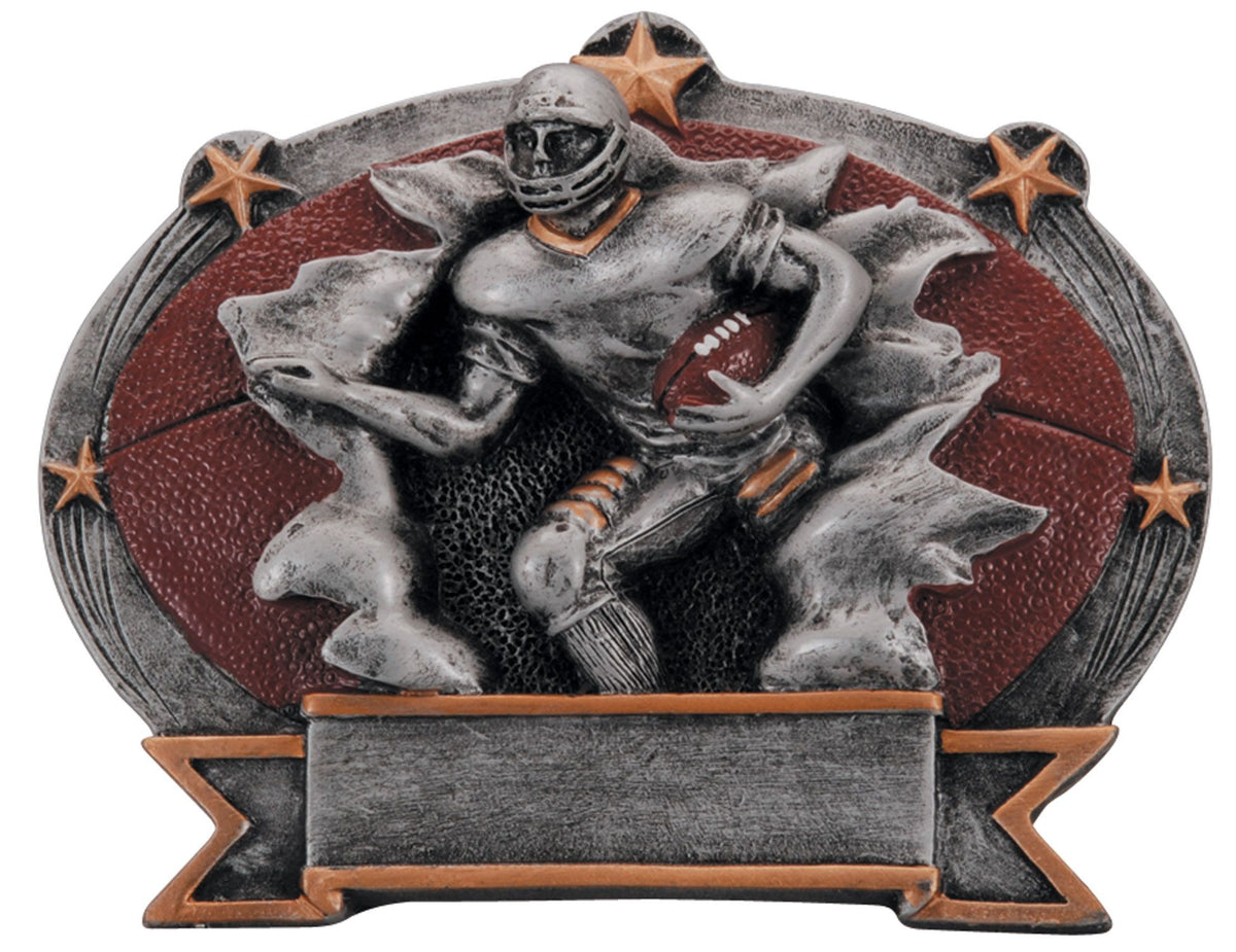 Football Burster mini oval award, silver player bursting through a red oval with stars