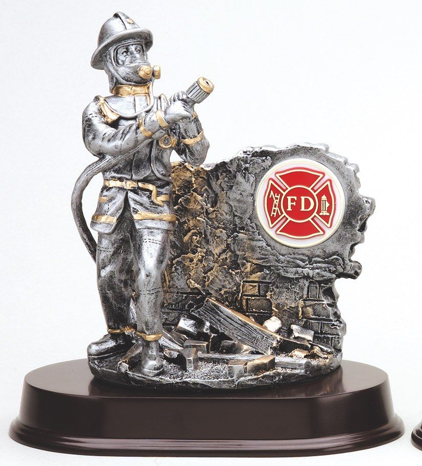 Resin firefighter figure award with gold trim