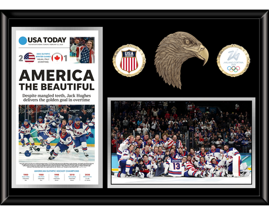 Framed sports memorabilia with USA Today article, hockey team photo, and Olympic-themed elements.