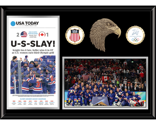 Framed sports memorabilia featuring USA hockey team, Olympic logo, and eagle emblem.