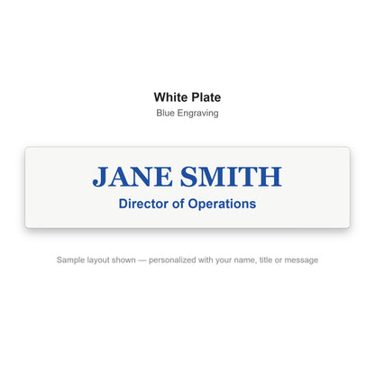 Custom engraved name plate sample - White plate with blue engraved name and title