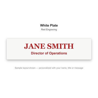 Custom engraved name plate sample - White plate with red engraved name and title
