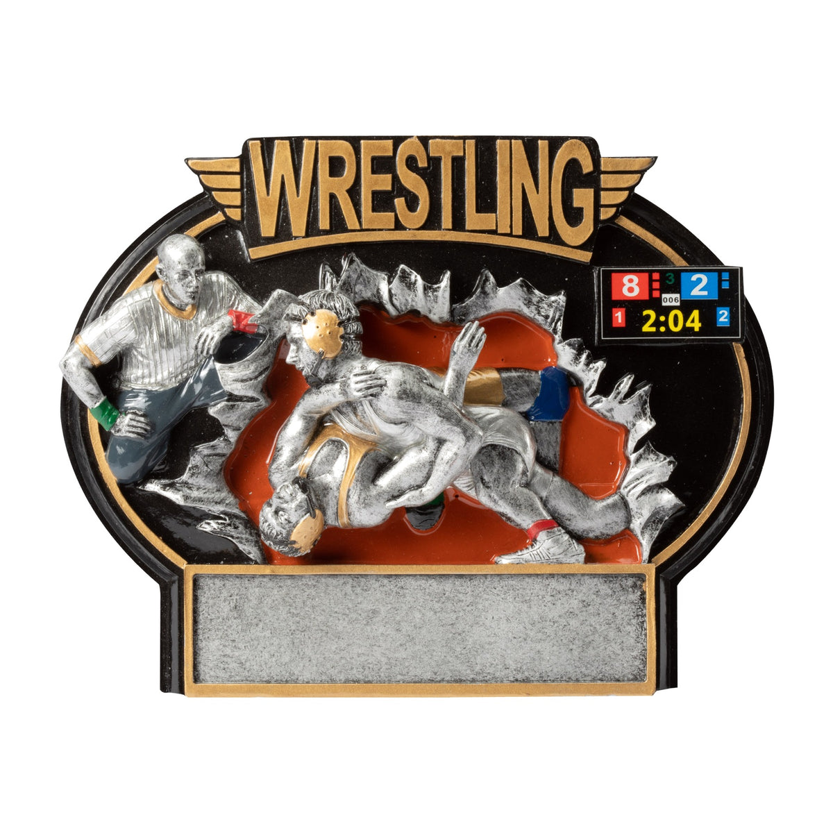 Full-color wrestling burst-thru award with referee, pinned wrestlers, match scoreboard and engraving plate
