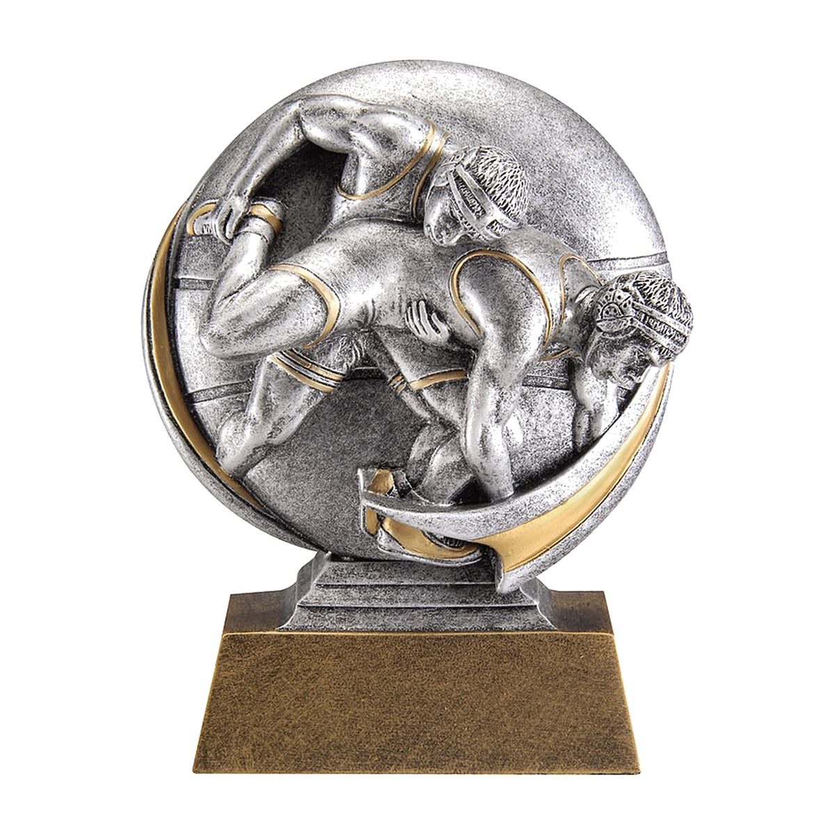 Round wrestling trophy with two silver wrestlers grappling inside a gold-swept disc on a bronze base