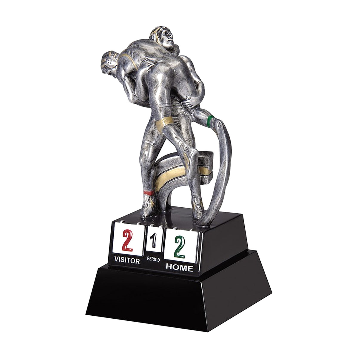 Silver wrestling trophy with two wrestlers on a black scoreboard base showing home and visitor points