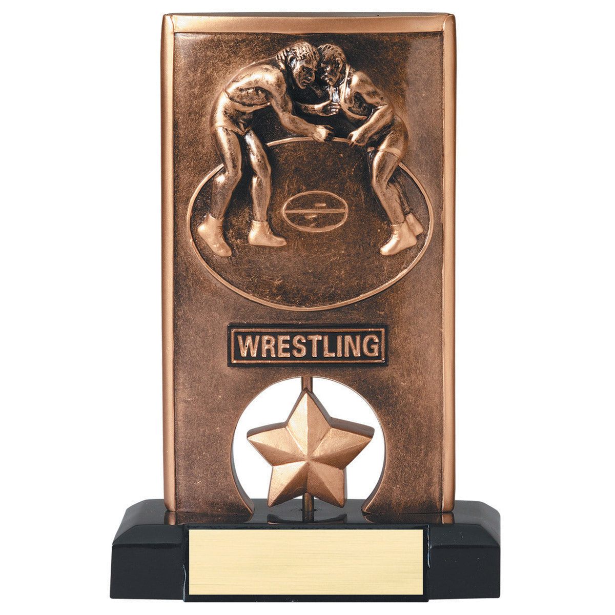 Wrestling spinner trophy with bronze-tone wrestlers and a free-spinning gold star on a black base