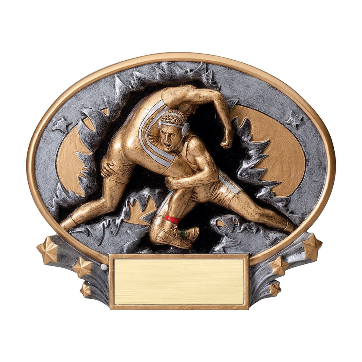 Oval wrestling award with gold wrestlers bursting through a silver frame and a blank engraving plate
