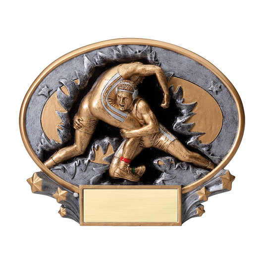 Oval wrestling award with gold wrestlers bursting through a silver frame and a blank engraving plate
