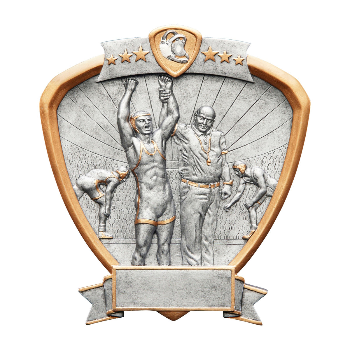 Shield wrestling award with a referee raising the winner's hand in silver relief and a banner engraving plate